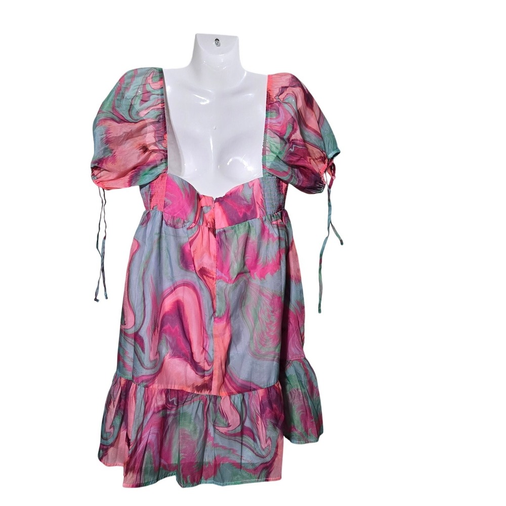 Amanda Richardson Pink Floral Babydoll Dress L Puff Sleeve Tie Front CottageCore - Picture 9 of 13